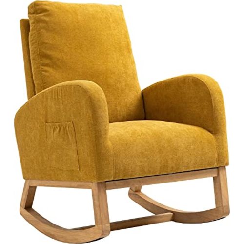 Dolonm Rocking Chair Mid-Century Modern Nursery Rocking Armchair Upholstered Tall Back Accent Glider Rocker for Living Room (Yellow)