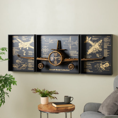 Cole & Grey Cole And Grey Metal Airplane Decorative Copper Wall Clock With Black Frame And Gold Illustrations Set | Wayfair