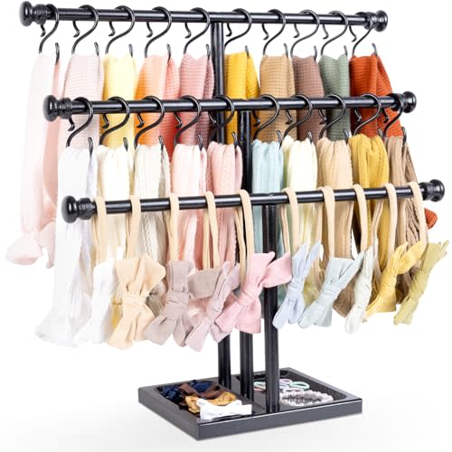 POVETIRE Headband Holder Stand Storage for Baby, 3 Tier Wooden Bow Organizer for Girls Hair Bows, Infant Hair Accessories Rack Display for Nursery Decor
