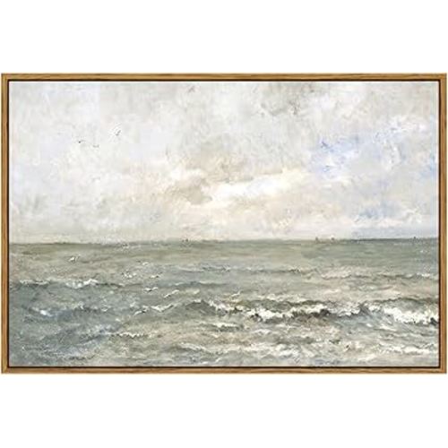 VIYYIEA Ocean Landscape Large Framed Wall Art, Seascape Vintage Paintings Art Decor Aesthetic, Canvas Print Artwork, Calming Sea Wall Pictures for Bedroom Bathroom Office, 24x36 Inch