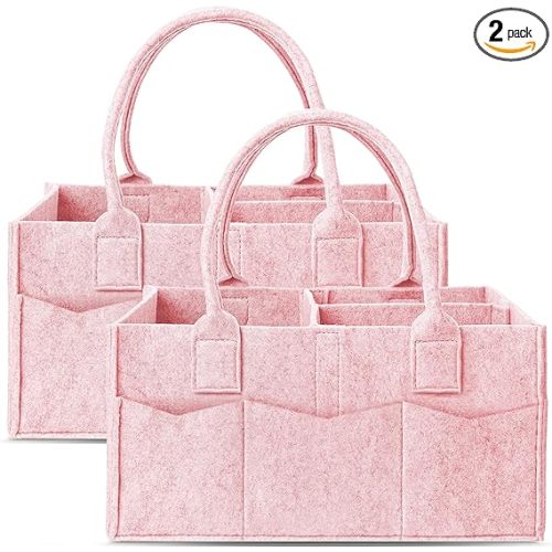 2 Pack Diaper Caddy Organizer - Portable Baby Caddy Organizer with Handle, Nursery Storage Bin and Car Organizer for Girls, Boys - Baby Gift Basket - Pink