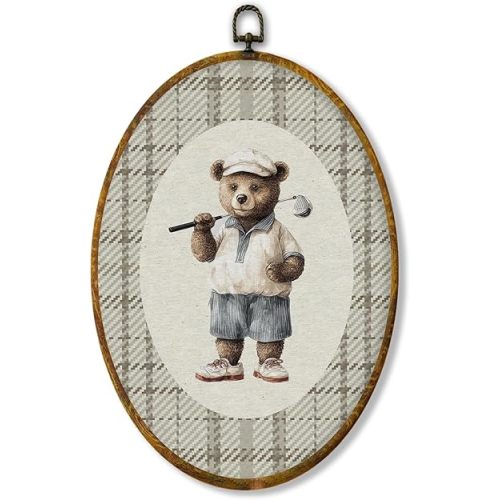 Hiuwevt Vintage Golf Bear Nursery Oval Wall Art Decor, Golf Bear Framed Canvas Prints, Neutral Gingham Sports Oval Wall Hanging Decor for Kids Boy Nursery Room Bedroom Decorations, 8.6x11.4 Inches