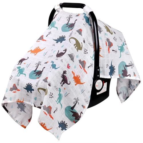 Rquite Baby Boy Car Seat Cover, 100% Muslin Cotton Infant Carseat Canopy, Soft Breathable Stroller Sun Shade & Newborn Shower Gift, Large Size Universal Fit Summer, Hot & Warm Weather (Gray Dinosaur)