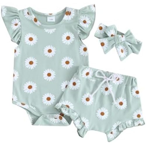 Hnyenmcko Newborn Baby Girl Clothes Daisy Print Fly Sleeve Romper Ruffle Bloomer Shorts Headband Set Infant Summer Outfits