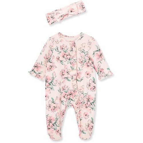 Little Me Baby Girls 100% Cotton 2-piece Zipper Closure Footie and Headband Set