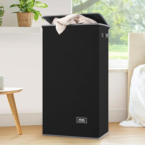 SOLEDI Laundry Hamper Black with Lid and Removable Bag - 100L Large and Tall Laundry Basket Collapsible with Handle for Clothing and Toys Storage - Dirty Clothes Hamper for Bedroom, bathroom, dorm