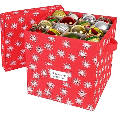HOLDN’ STORAGE Christmas Ornament Storage Box with Lid - Christmas Decor Storage Containers that Store up to 64 Holiday Ornaments - Red/White Snowflakes