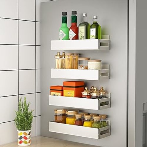 Magnetic Spice Rack Organizer For Refrigerator, Magnetic Shelf For Refrigerator And Microwave Oven, Metal Kitchen Organizer For Space Saver (4 Pack White)