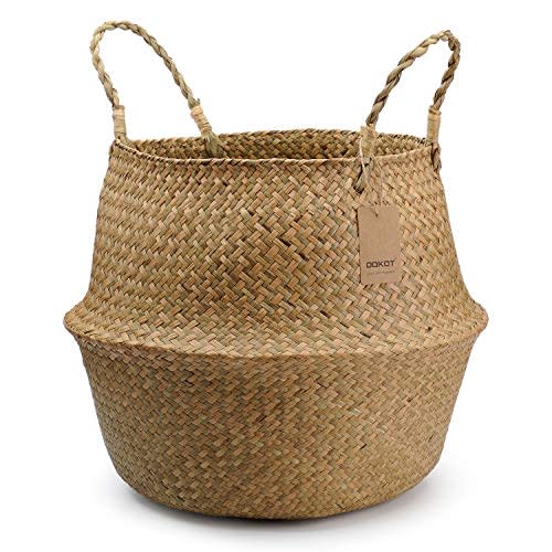 DOKOT Seagrass Plant Basket with Handles, Round Storage Wicker Basket (10.6inch Diameter x 12.5inch Height, Natural)