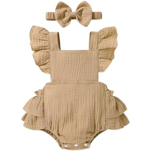 Happy Town Baby Girl Clothes Toddler Summer Linen Romper Sleeveless Ruffle Outfits Infant Girls Jumpsuit with Headband