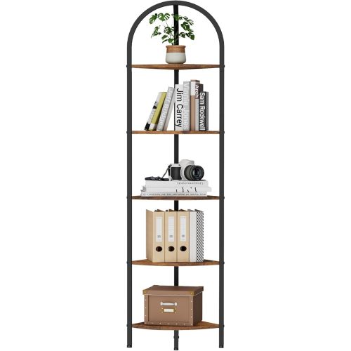 Homhedy 5-Tier Arched Corner Shelf Stand, Wall Corner Bookshelf with Metal Frame, Plant Stand, Industrial Storage Rack Shelf for Living Room, Bedroom, Office, Bathroom, Rustic Brown and Black