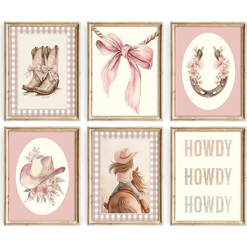 Western Cowgirl Nursery Wall Art Decor Vintage Girl Room Canvas Poster Pink Coquette Nursery Art Prints Preppy Aesthetic Pictures Bow Floral Boots Artwork for Girls Bedroom 8x10 Inch Unframed 6Pcs