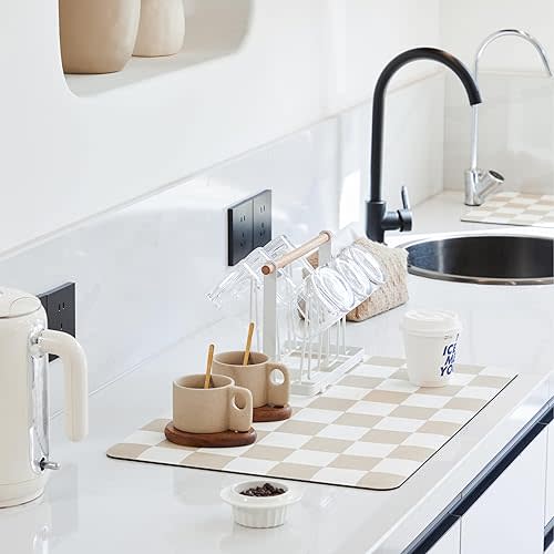 Checkered Dish Drying Mat for Kitchen Counter, Coffee Bar, Coffee Station Accessories, Retro Aesthetic Cute Absorbent Coffee Mat Kitchen Drying Mat Easy Clean, Beige 12" x 19"
