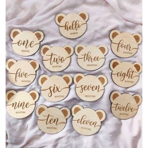 Teddy Bear Shaped Milestone Cards | Wooden Month Plaques | Newborn Baby Gift | Baby Photo Prop