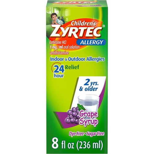 Zyrtec 24 Hour Children's Allergy Syrup with Cetirizine HCl, Antihistamine Allergy Medicine for Indoor & Outdoor Allergy Relief for Kids, Dye-Free & Sugar-Free, Grape Flavor, 8 fl. oz - 8 Fl Oz (Pack of 1)