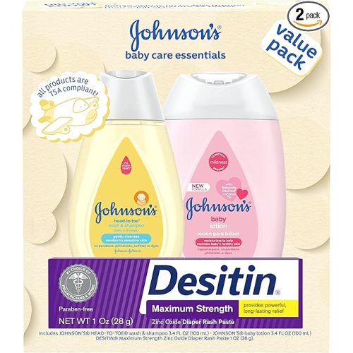 Johnson's Baby Care Essentials Gift Set, Baby Skincare Set with Body Wash & Shampoo, Body Lotion, & Zinc Oxide Diaper Rash Paste for Baby's Delicate Skin, Value Pack, Travel-Size, 3 Items - Welcome Baby Travel Gift Set