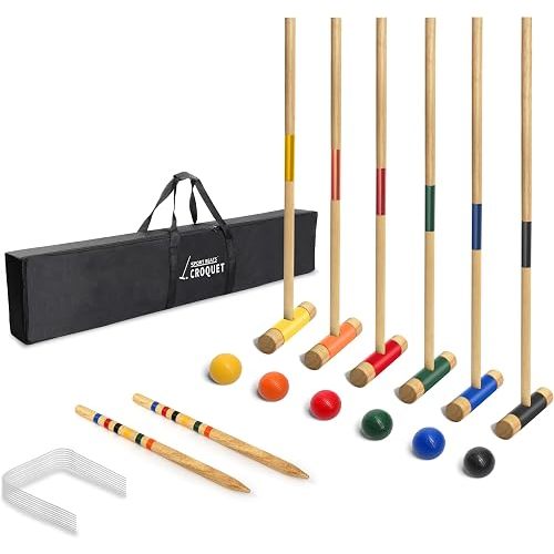 SPORT BEATS Six Player Croquet Set Solid RubberWood 32 Inch Mallets with Carry Case, Six Balls, Nine Wickets, 2 Stakes for Backyard Outdoor Games