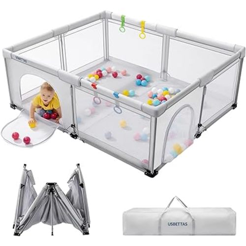 Foldable Baby Playpen, 1-Minute Setup, Lightweight Portable Playpen with Carry Bag, 59"x71" Indoor Outdoor Safty Play Yard for Babies & Toddlers, Light Gray