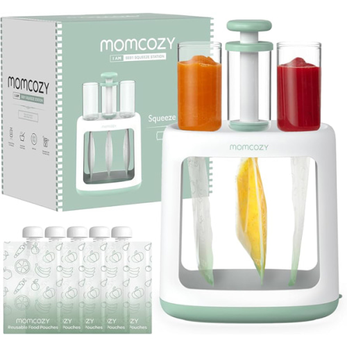 Momcozy Estación de Compresión, Procesador de Alimentos para Bebés y Relleno de Bolsas para Puré de Bebé Casero, Sin BPA, Apto para Lavavajillas, con Bolsas de Comida Reutilizables para Bebés y Niños