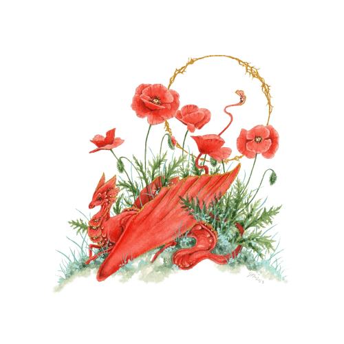 Dragon Art Watercolor Print - Poppy Dragon - fantasy art. whimsical. flower art. illustration.