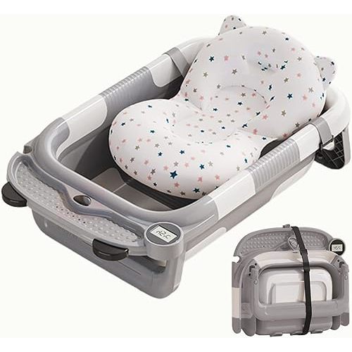 Collapsible Baby Bathtub for Newborn,Foldable Baby Tub with Soft Cushion & Thermometer for Infants to Toddler 0-24 Months,Portable Travel Bathtub with Drain Hole (Gray)