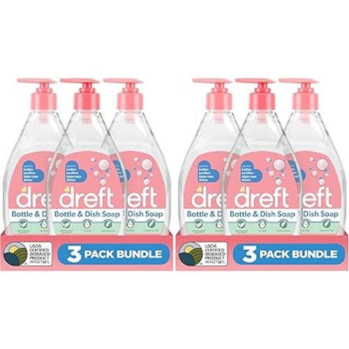 Dreft Bottle and Dish Soap | Made to Clean Baby Bottles,Sippy Cups,Pacifiers,Breast Pumps,& More | Gently Removes Milk Film & Odors-| Plant Based,Fragrance Free Dish Soap-| 18 Fl Oz,(Pack of 6)