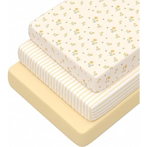 3 Pack Stretchy Bassinet Sheets - Universal Fit for Rectangle, Round, Oval, Hourglass Cradles & Moses Baskets - Soft Breathable Fitted Bassinet Sheets Set for Baby - Yellow & Flower