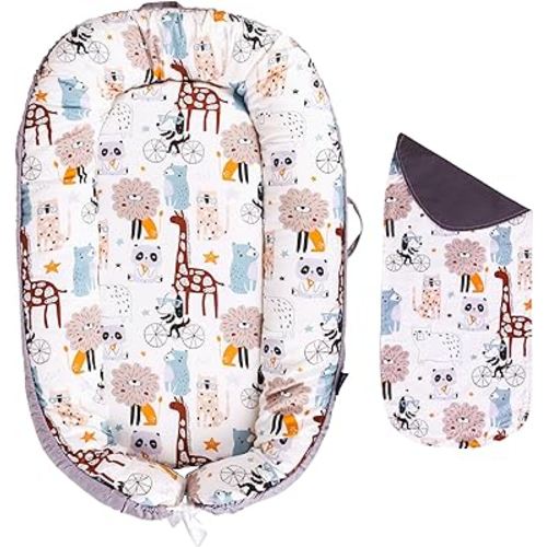 Baby Lounger - Infant & Newborn Lounger with 2-Inch Mattress Pad, Soft Baby Lounger Cover, Waterproof Urine Liner & Pad Cover - Available in 15 Patterns - BL10 Cotton Beige Lions & Giraffes