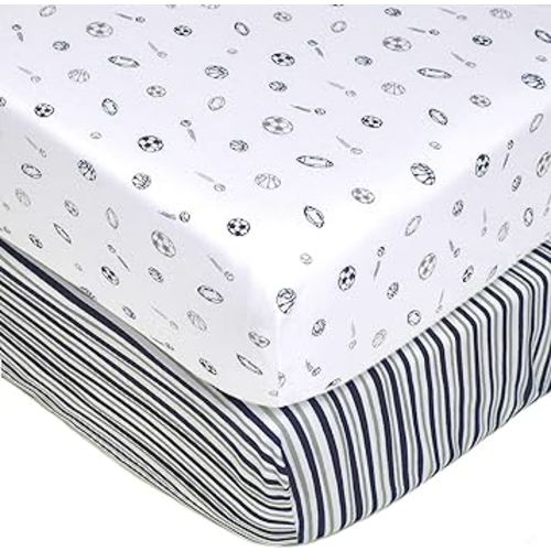 American Baby Company 2 Pack Fitted Crib Sheets 28" x 52", Soft Breathable Neutral 100% Cotton Jersey Sheet, Navy/Grey Sports Stripes, for Boys and Girls, Fits Crib and Toddler Bed mattresses