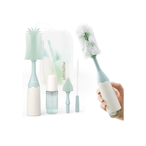 Momcozy Bottle Brush Kit, Innovative Push-Press Design for Better Cleaning - Baby Bottle Cleaner Brush for Baby Bottle, Breast Pumps, Nipples, and More - Can Generate Foam for Better Cleaning, Green