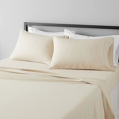 Amazon Basics Lightweight Super Soft Easy Care Microfiber 4-Piece Bed Sheet Set with 14-Inch Deep Pockets, King, Beige, Solid