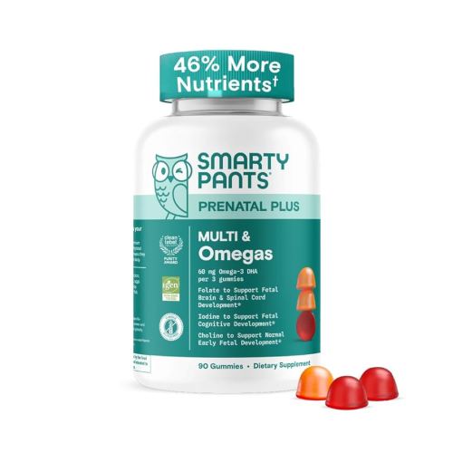SmartyPants Prenatal Multivitamin Gummies - Improved Formula: Omega 3 (DHA/EPA), Methylfolate, Biotin, Vitamin D3, C, Vitamin B12, B6, Vitamin A, K & Zinc, Gluten Free, 90 Count (30 Day Supply)