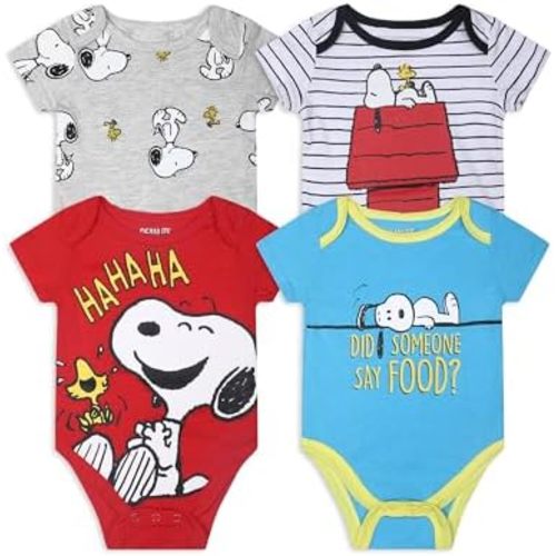 Peanuts Snoopy Boys 4 Pack Short Sleeve Bodysuit for Newborn and Infant