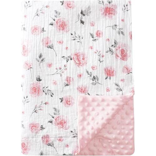 david's kids Muslin Minky Baby Blanket for Girls with Muslin Cotton Front and Dotted Fleece Backing, Breathable and Soft Lightweight Receiving Blanket for Newborns, 50x60 Inches, Floral