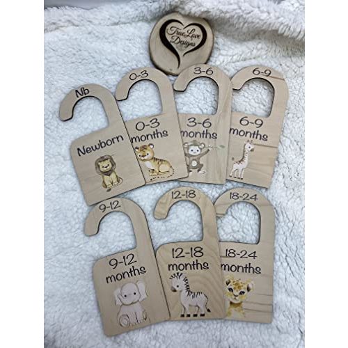 TrueLove Designs 7pc Safari Animal Baby Closet Dividers Wooden Baby Wardrobe Hanger Organizer from Newborn to 24 Months with Printed Design Infant Wardrobe Organizer for Home Nursery Baby Clothes