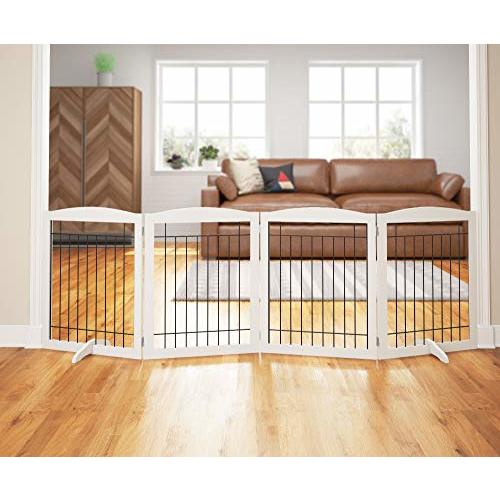 PAWLAND Extra Wide Dog gate for The House, Doorway, Stairs, Dog Fences Indoor, Freestanding Foldable Wooden Pet Gates for Dogs, Set of Support Feet Included, 96 in Wide 30 in Tall, 4 Panels White