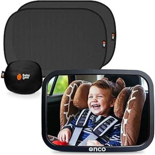 Onco Baby Car Mirror & Car Window Shades Bundle (18.9″ × 12″) - UPF 50+ Car Window Shade for Baby, 100% Shatter-Proof Car Mirror for Baby, Universal Shades & Baby Mirror for Car Journeys