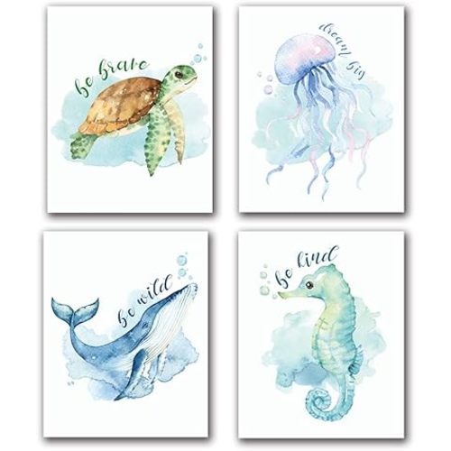 LONLONBANG Funny Watercolor Ocean life Quotes Art Print, Picture Poster for Nursery Kids Girls Bedroom Bathroom Home Decor, Sea turtle sea horse jellyfish whale, Set of 4 8X10 inch, No Frame