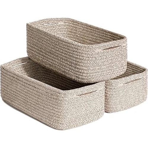 Goodpick Baskets for Organizing, 11 x 7 x 4.5 in, Baskets for Shelves, Toy Storage, Home Decor, Dorm Decor 3 Pack for Bathroom, White & Brown