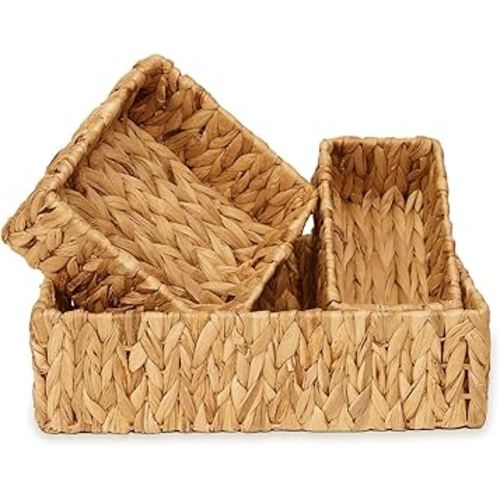 Nonam Wicker Storage Baskets Set of 3, Handwoven Natural Water Hyacinth Basket, Boho Style Shelf Baskets for Home Organization, Storage Boxes for Bedroom, Livingroom, Kitchen, Dining Table, Natural
