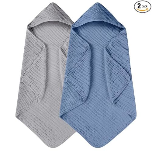 Yoofoss Hooded Baby Towels for Newborn 2 Pack 100% Muslin Organic Cotton Baby Bath Towel with Hood for Babies, Infant, Toddler and Kids, 32x32Inch, Soft and Absorbent Newborn Essential,Grey& Dark Blue