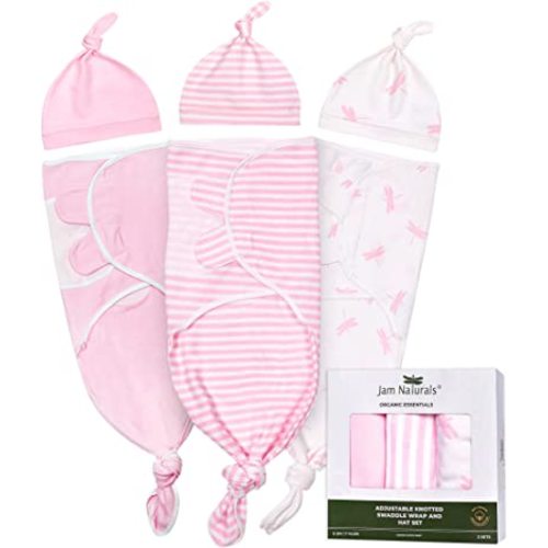 Jam Naturals- Organic Knotted Tie Bottom Adjustable Velcro Swaddle and Hat Set of 3, Newborn Sleep Sack (0-3m, 7-14lbs Pink)