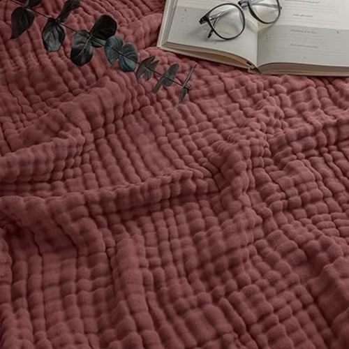 Comfy Cubs King Muslin Blanket, Extra Large Size 108” x 90”, 6 Layer Cooling Cotton Softness, Breathable & Warm Throw for Bedroom, Living Room Couch (Wine, King - Muslin)