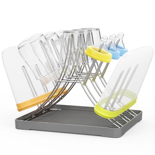 Solvrix Baby Bottle Drying Rack, Space Saving Bottle Drying Tree Rack with Drainboard for Cups, Mugs and Glass, Sports Bottle, Holds Up to 15 Baby Bottles ，Foldable,Stainless Steel,