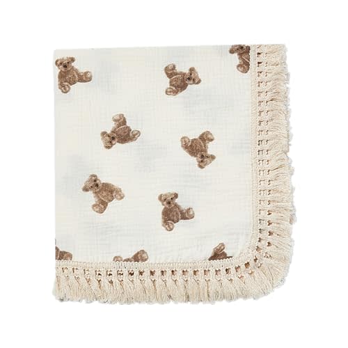 insular Cotton Muslin Baby Blanket with Tassel, Boho Bohemian Muslin Swaddle Blanket Baby Receiving Blanket with Fringe, Nursery Decor Throw or Nursing Blankets, 47" x40”, Little Bear