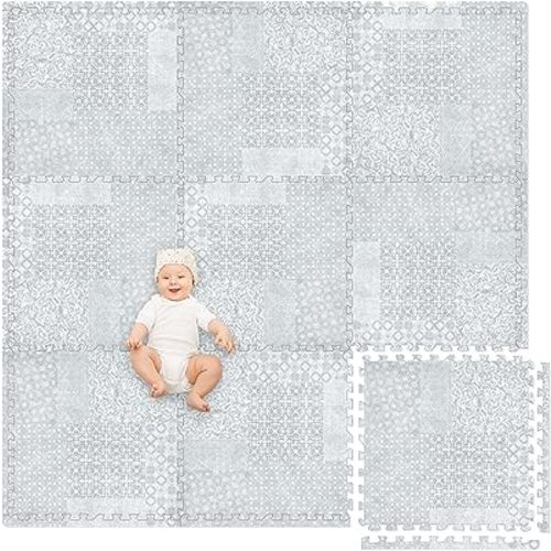 Play Platoon Non-Toxic Extra-Thick Children's Play Mat, 9 Tiles - 72 x 72 inch Comfortable Cushiony Foam Floor Puzzle Mat for Kids & Toddlers with 24 x 24 inch Tiles - Grey, Boho Modern