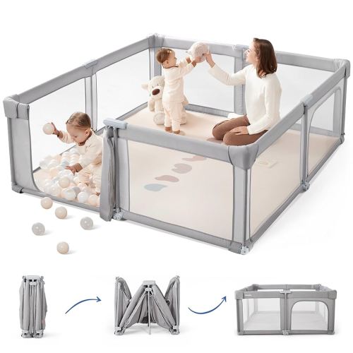 Sweeby Baby Playpen, 59x59 Inch Gate Foldable for Babies and Toddlers, Extra Large With Door Play Yard for Fence Indoor and Outdoor, Gray