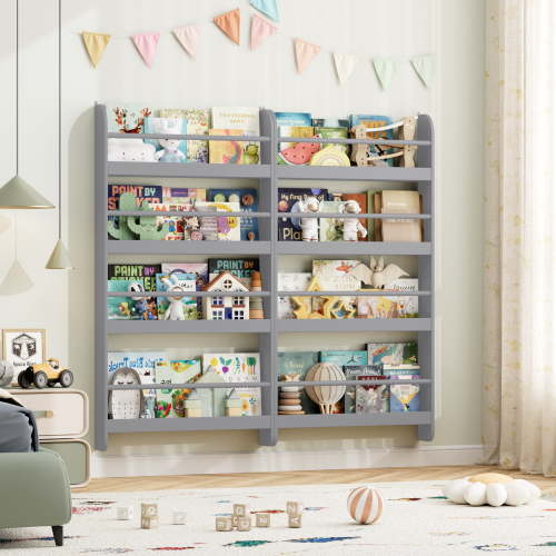 Homfa 4-Tier Wall Bookshelf Set of 2, 43.7"H Wall-Mounted Kids Bookshelf, Book Storage Rack for Kids Room, Gray