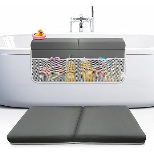 Memory Foam Bath Kneeler and Elbow Rest Pad Set, 2-Inch Thick, Water-Resistant Mat – Baby Bath Time Essentials Cushion and Bath Kneeling Pad for Bathing Baby with Bathtub Toy Organizer.