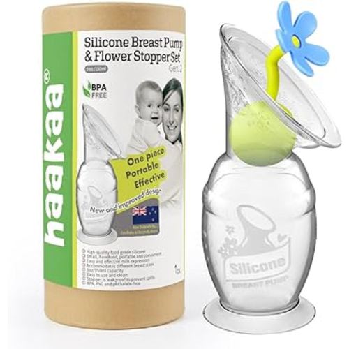 haakaa Manual Breast Pump Breastfeeding Pump Silicone Pump Milk Saver with Suction Base and Flower Stopper 100% Food Grade Silicone BPA Free (5oz/150ml) (Blue)